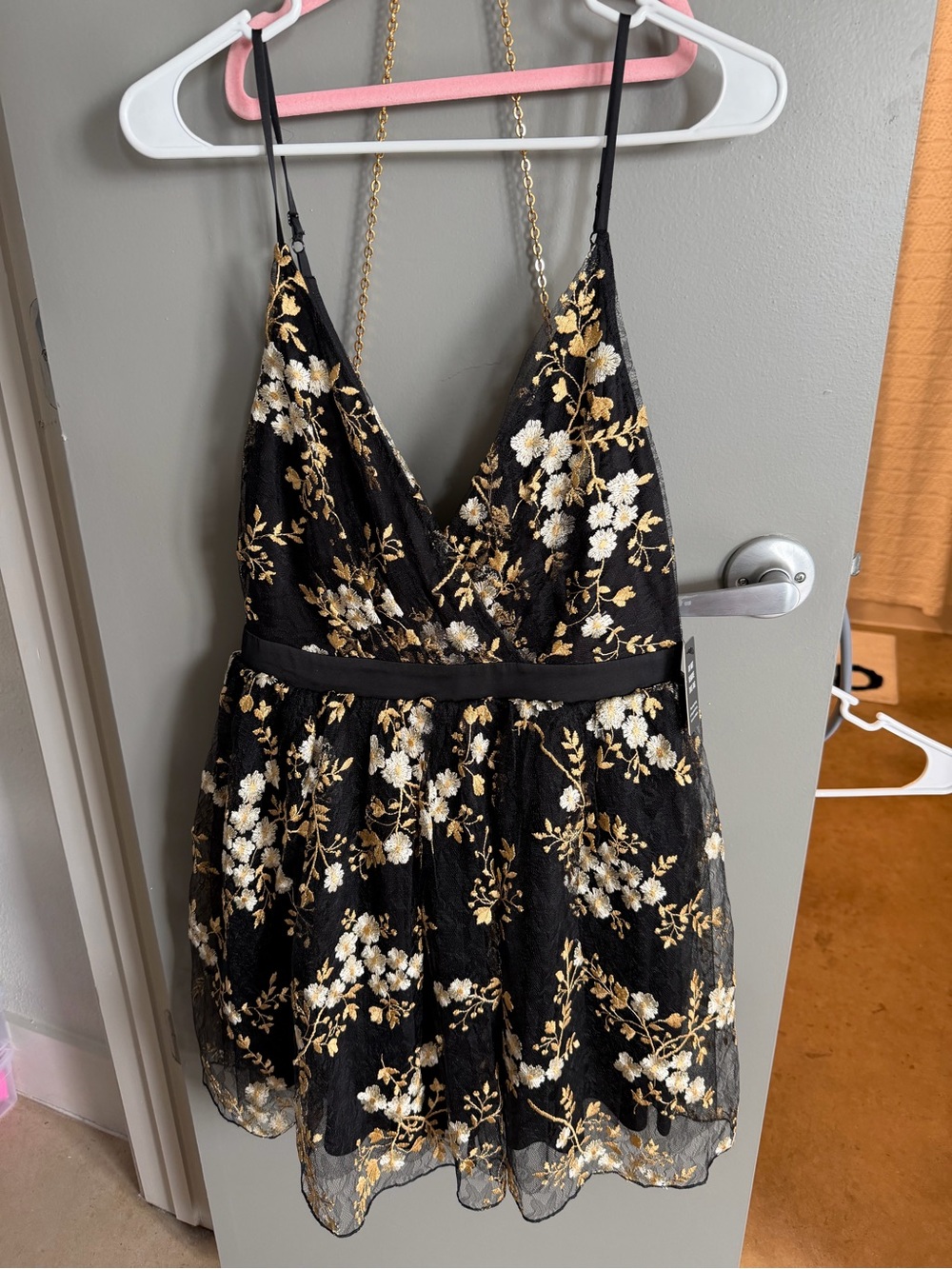Express Black Mini Dress with Gold and White Floral Embroidery